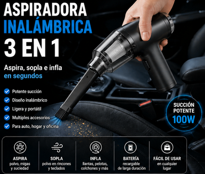 Aspiradora Inalámbrica Portátil 3 en 1 para Auto y Hogar – Potente y Compacta