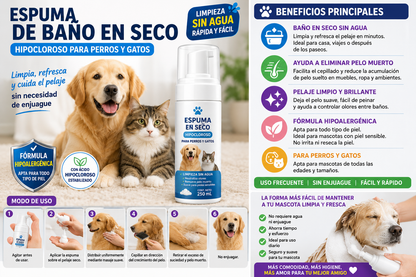 Espuma de Baño en Seco HipoCloroso para Perros y Gatos